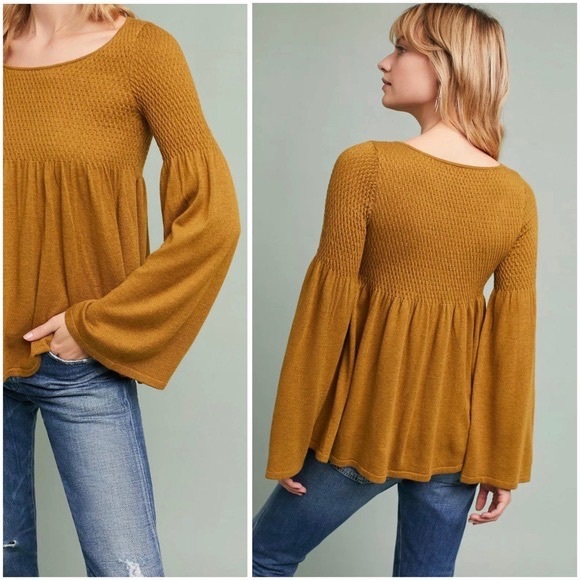 Anthro Knitted & Knotted Oatmeal Wool Blend Balloon Sleeve Babydoll Sweater Top - Picture 12 of 13